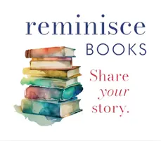 A stack of books with the words " reminisce books share your story ".